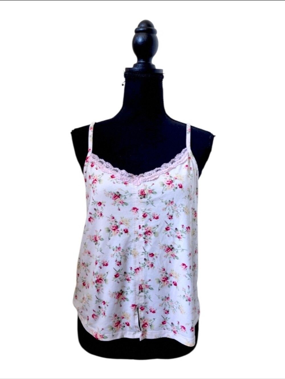 Floral Lace Trim Camisole Tank Top - White with Pink Roses